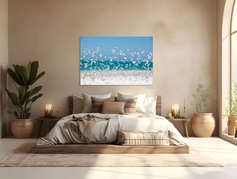 Tablou Canvas, "Dansul pescărușilor deasupra plajei însorite", Păsări, Cer, Plajă, Valuri, Nisip, Ocean, Zbor, Aripi, Libertate, Natură, 150 x 100 cm – poza 4