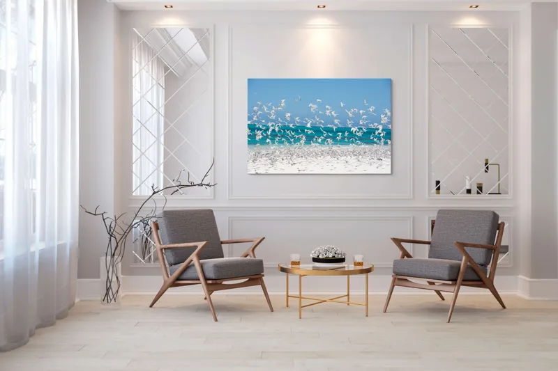 Tablou Canvas, "Dansul pescărușilor deasupra plajei însorite", Păsări, Cer, Plajă, Valuri, Nisip, Ocean, Zbor, Aripi, Libertate, Natură, 150 x 100 cm – poza 7