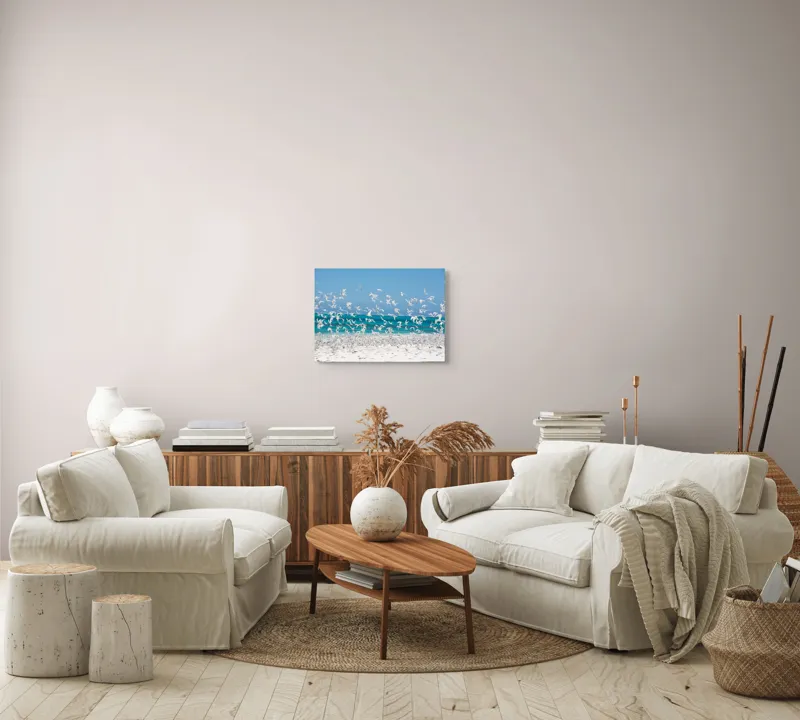 Tablou Canvas, "Dansul pescărușilor deasupra plajei însorite", Păsări, Cer, Plajă, Valuri, Nisip, Ocean, Zbor, Aripi, Libertate, Natură, 54 x 39 cm – poza 5