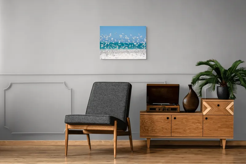 Tablou Canvas, "Dansul pescărușilor deasupra plajei însorite", Păsări, Cer, Plajă, Valuri, Nisip, Ocean, Zbor, Aripi, Libertate, Natură, 70 x 50 cm – poza 4