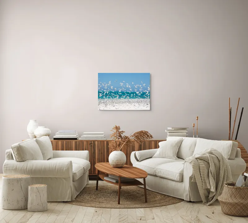Tablou Canvas, "Dansul pescărușilor deasupra plajei însorite", Păsări, Cer, Plajă, Valuri, Nisip, Ocean, Zbor, Aripi, Libertate, Natură, 70 x 50 cm – poza 6