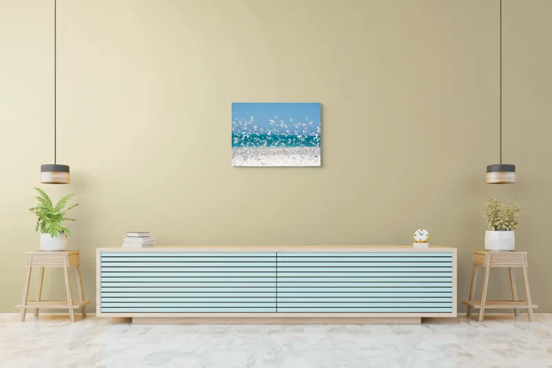Tablou Canvas, "Dansul pescărușilor deasupra plajei însorite", Păsări, Cer, Plajă, Valuri, Nisip, Ocean, Zbor, Aripi, Libertate, Natură, 70 x 50 cm – poza 7