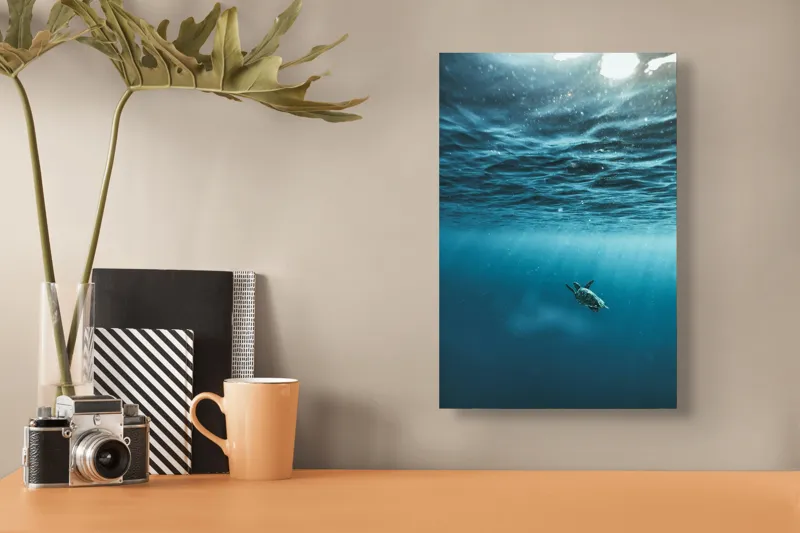 Tablou Canvas, "Țestoasa călătoare în oceanul albastru", Ocean, Lumină, Țestoasă, Solitudine, Adâncime, 26 x 39 cm – poza 3