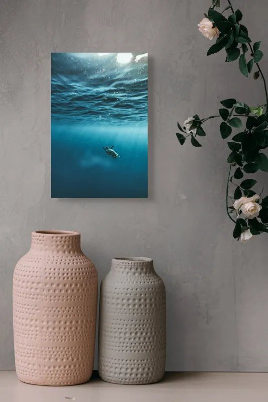 Tablou Canvas, "Țestoasa călătoare în oceanul albastru", Ocean, Lumină, Țestoasă, Solitudine, Adâncime, 26 x 39 cm – poza 6