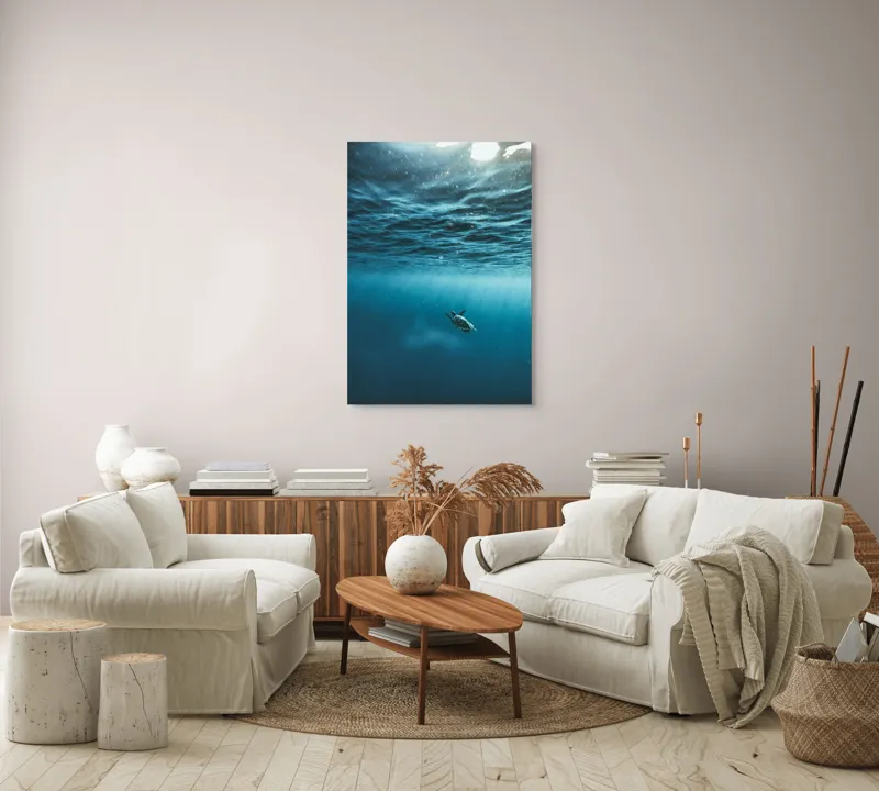Tablou Canvas, "Țestoasa călătoare în oceanul albastru", Ocean, Lumină, Țestoasă, Solitudine, Adâncime, 70 x 100 cm – poza 4