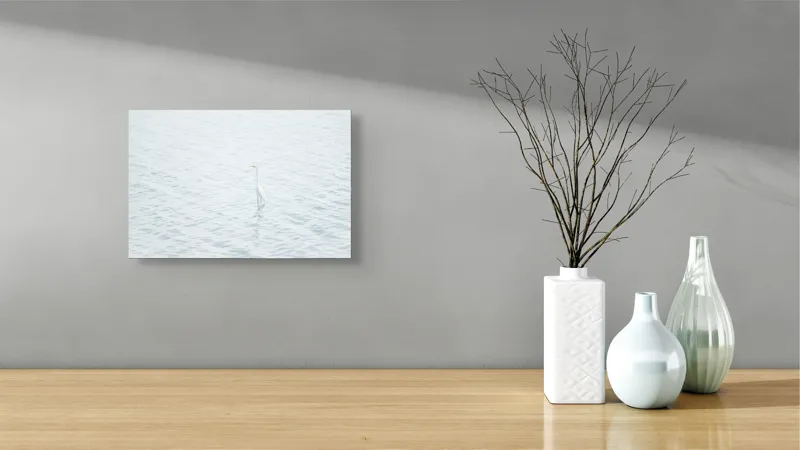 Tablou Canvas, "Egreta singuratică pe ape liniștite", Pasăre, Baltă, Liniște, Simplitate, Solitudine, Reflecție, Natură, 39 x 26 cm – poza 8