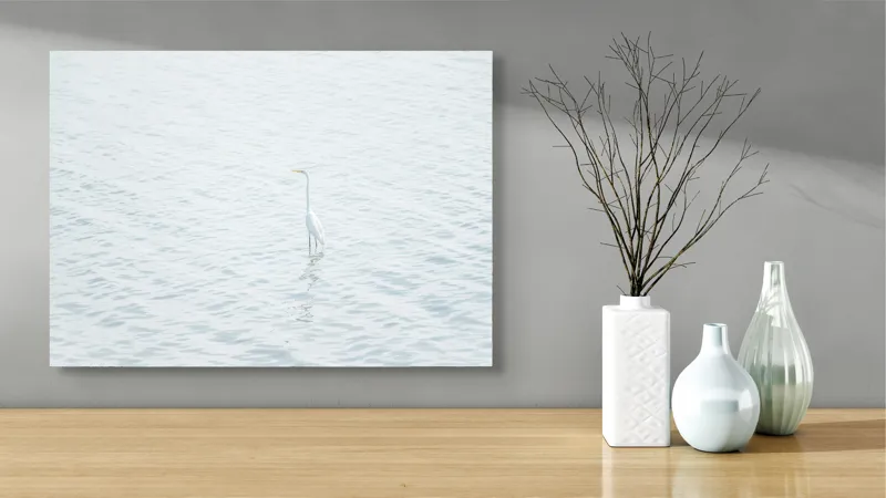 Tablou Canvas, "Egreta singuratică pe ape liniștite", Pasăre, Baltă, Liniște, Simplitate, Solitudine, Reflecție, Natură, 70 x 50 cm – poza 3