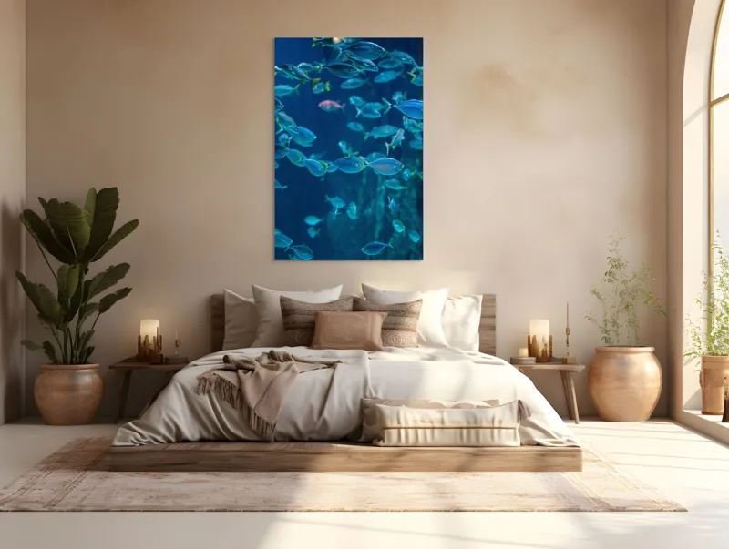 Tablou Canvas, "Dansul albastru al peștilor oceanici", Pești, Albastru, Ocean, Mișcare, Agilitate, Lumină, Reflexie, 100 x 150 cm – poza 3