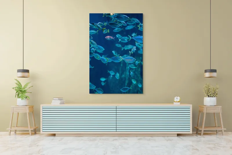 Tablou Canvas, "Dansul albastru al peștilor oceanici", Pești, Albastru, Ocean, Mișcare, Agilitate, Lumină, Reflexie, 100 x 150 cm – poza 4