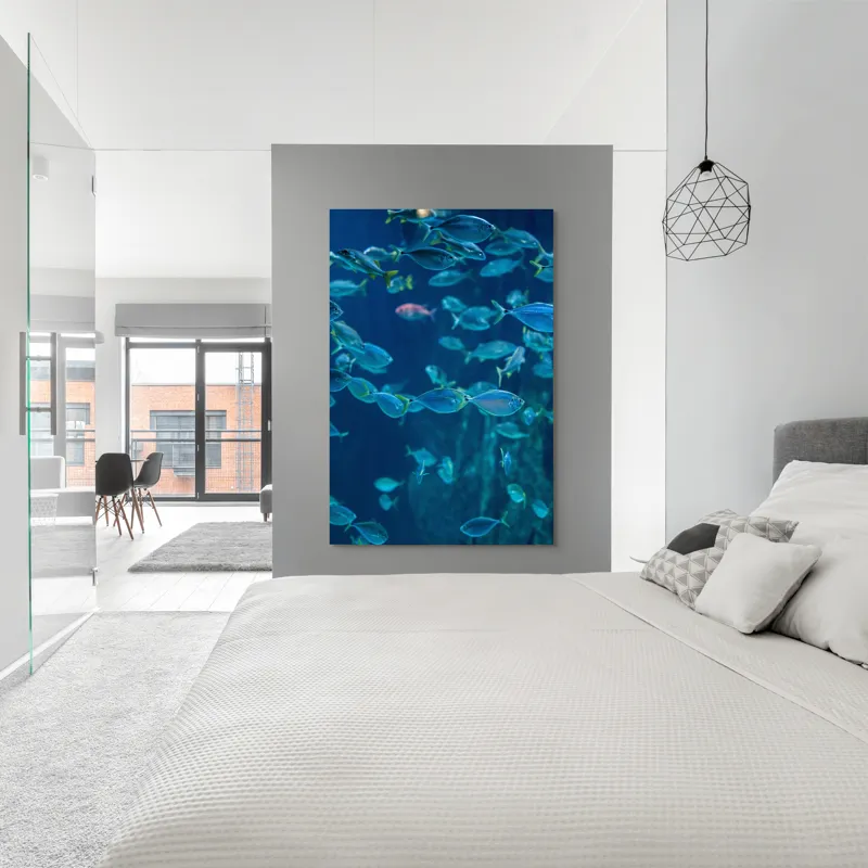 Tablou Canvas, "Dansul albastru al peștilor oceanici", Pești, Albastru, Ocean, Mișcare, Agilitate, Lumină, Reflexie, 100 x 150 cm – poza 5