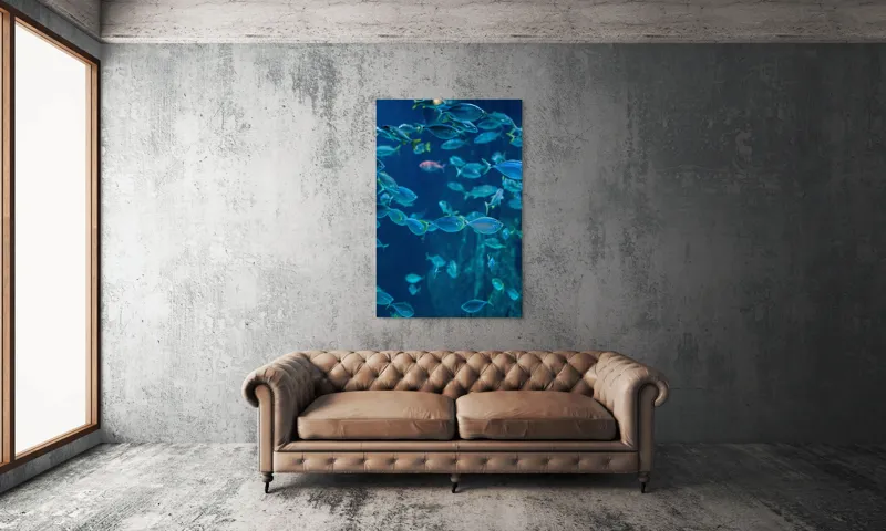 Tablou Canvas, "Dansul albastru al peștilor oceanici", Pești, Albastru, Ocean, Mișcare, Agilitate, Lumină, Reflexie, 100 x 150 cm – poza 6
