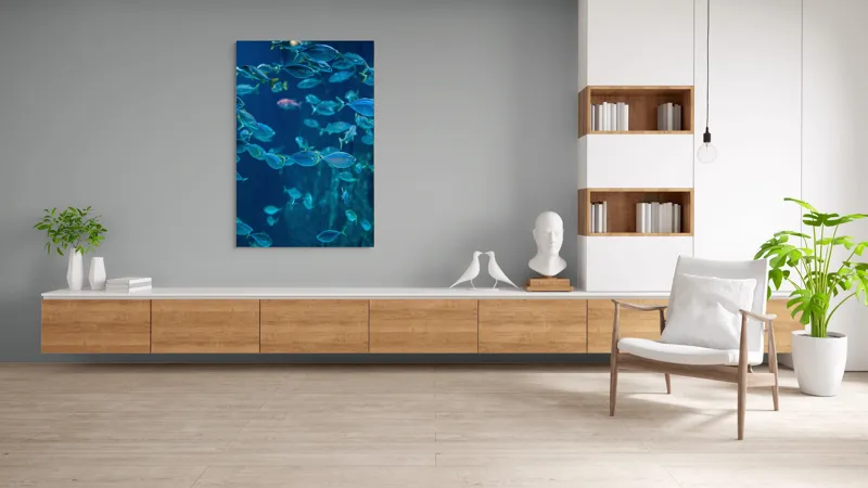 Tablou Canvas, "Dansul albastru al peștilor oceanici", Pești, Albastru, Ocean, Mișcare, Agilitate, Lumină, Reflexie, 100 x 150 cm – poza 8