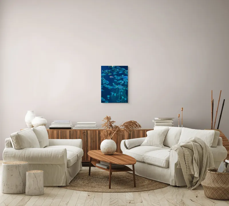 Tablou Canvas, "Dansul albastru al peștilor oceanici", Pești, Albastru, Ocean, Mișcare, Agilitate, Lumină, Reflexie, 39 x 54 cm – poza 5