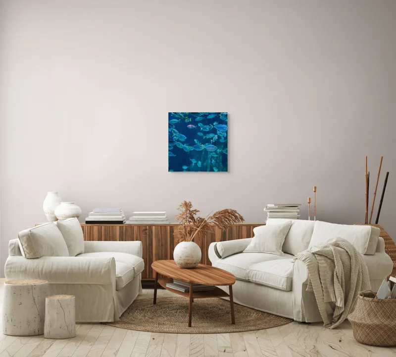 Tablou Canvas, "Dansul albastru al peștilor oceanici", Pești, Albastru, Ocean, Mișcare, Agilitate, Lumină, Reflexie, 50 x 50 cm – poza 7