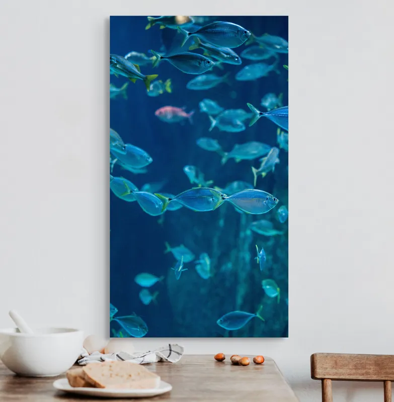 Tablou Canvas, "Dansul albastru al peștilor oceanici", Pești, Albastru, Ocean, Mișcare, Agilitate, Lumină, Reflexie, 50 x 90 cm – poza 3