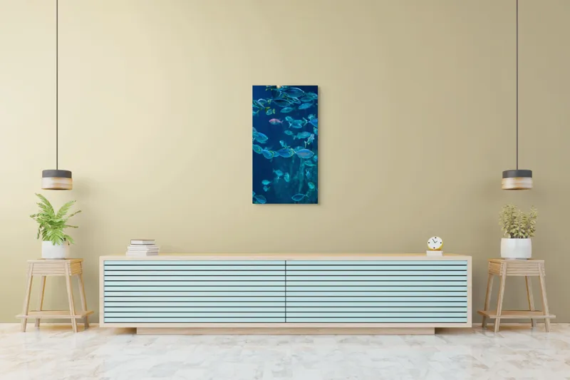 Tablou Canvas, "Dansul albastru al peștilor oceanici", Pești, Albastru, Ocean, Mișcare, Agilitate, Lumină, Reflexie, 50 x 90 cm – poza 6