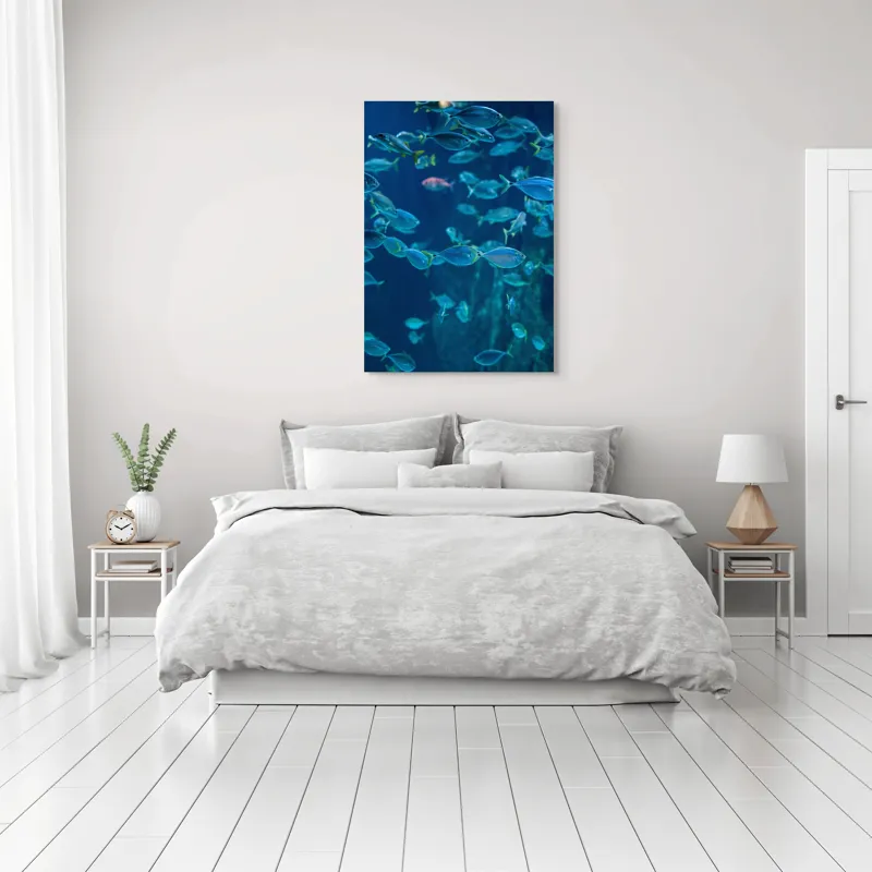 Tablou Canvas, "Dansul albastru al peștilor oceanici", Pești, Albastru, Ocean, Mișcare, Agilitate, Lumină, Reflexie, 70 x 100 cm – poza 3