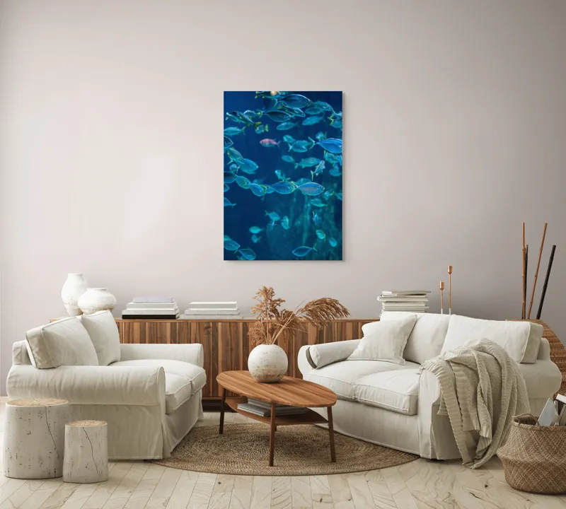 Tablou Canvas, "Dansul albastru al peștilor oceanici", Pești, Albastru, Ocean, Mișcare, Agilitate, Lumină, Reflexie, 70 x 100 cm – poza 4
