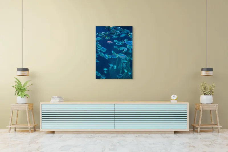 Tablou Canvas, "Dansul albastru al peștilor oceanici", Pești, Albastru, Ocean, Mișcare, Agilitate, Lumină, Reflexie, 70 x 100 cm – poza 5