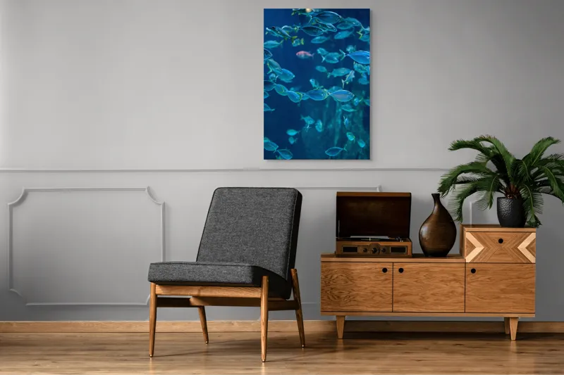 Tablou Canvas, "Dansul albastru al peștilor oceanici", Pești, Albastru, Ocean, Mișcare, Agilitate, Lumină, Reflexie, 70 x 100 cm – poza 6