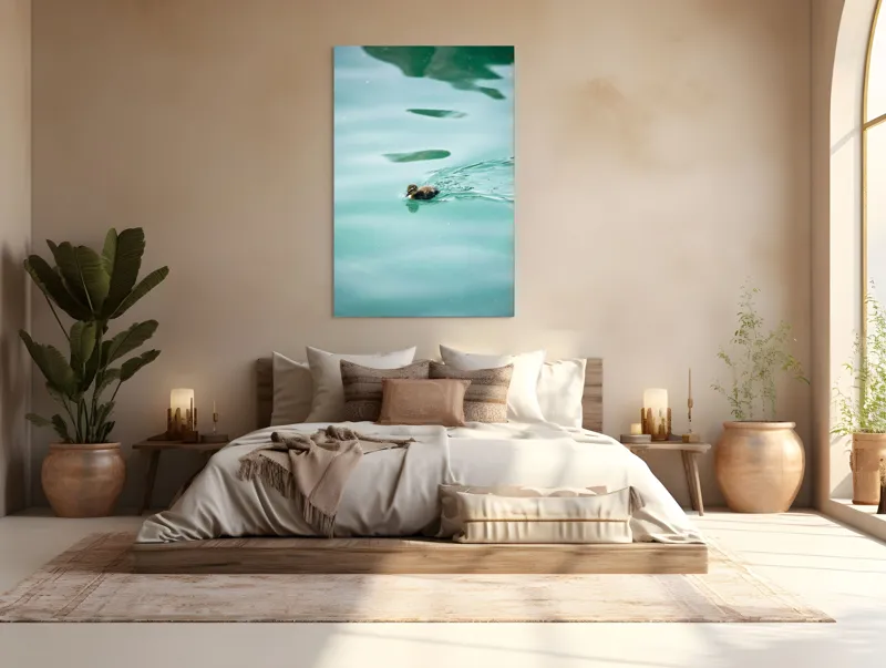 Tablou Canvas, "Rățușca plutește pe lacul albastru", Rățușcă, Apă, Albastră, Reflexie, Înot, Natură, 100 x 150 cm – poza 3