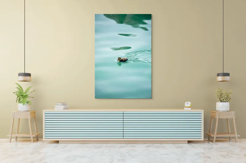 Tablou Canvas, "Rățușca plutește pe lacul albastru", Rățușcă, Apă, Albastră, Reflexie, Înot, Natură, 100 x 150 cm – poza 4