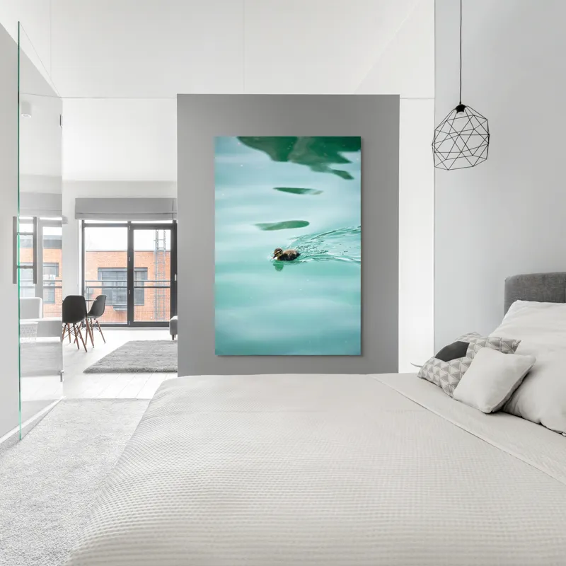 Tablou Canvas, "Rățușca plutește pe lacul albastru", Rățușcă, Apă, Albastră, Reflexie, Înot, Natură, 100 x 150 cm – poza 5