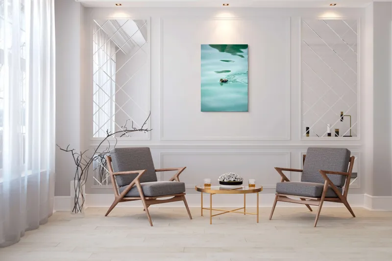 Tablou Canvas, "Rățușca plutește pe lacul albastru", Rățușcă, Apă, Albastră, Reflexie, Înot, Natură, 70 x 100 cm – poza 8