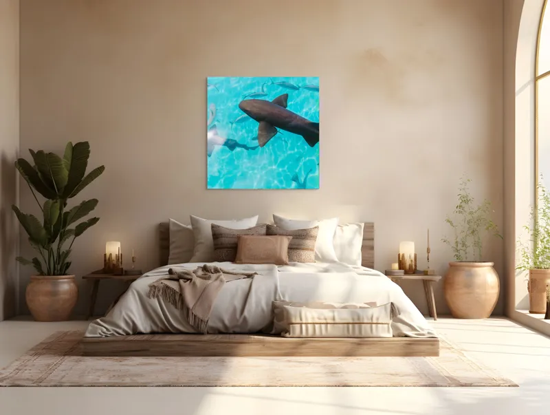 Tablou Canvas, "Rechini înotând în oceanul albastru", Rechini, Pești, Apă, Lumină, Azur, Reflexii, Mișcare, Ocean., 100 x 100 cm – poza 4