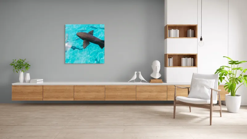 Tablou Canvas, "Rechini înotând în oceanul albastru", Rechini, Pești, Apă, Lumină, Azur, Reflexii, Mișcare, Ocean., 100 x 100 cm – poza 8