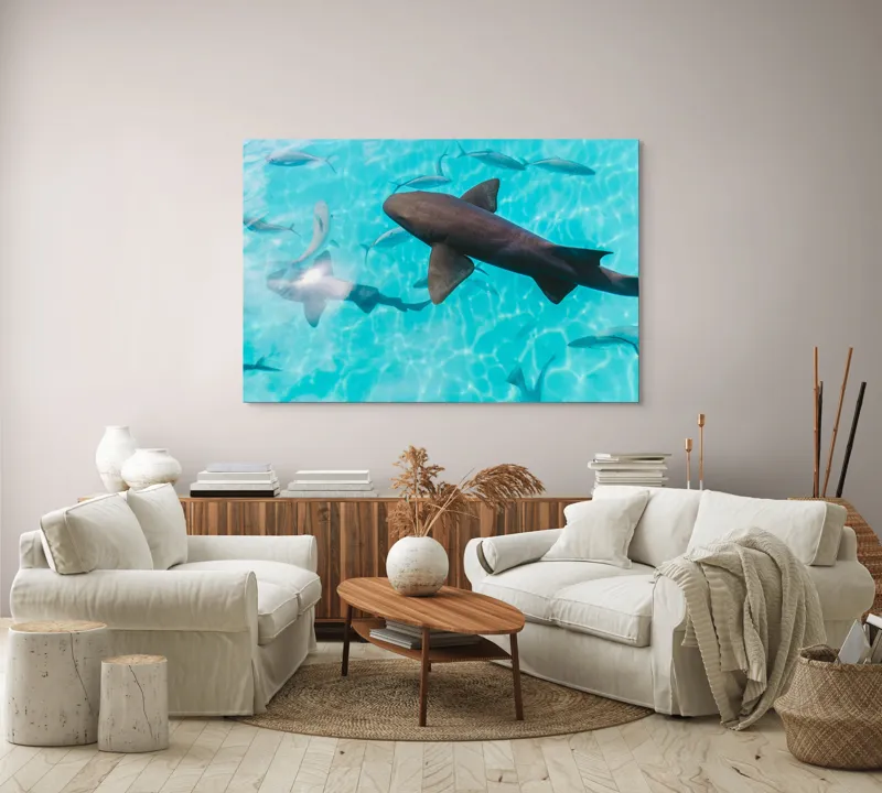 Tablou Canvas, "Rechini înotând în oceanul albastru", Rechini, Pești, Apă, Lumină, Azur, Reflexii, Mișcare, Ocean., 150 x 100 cm – poza 3