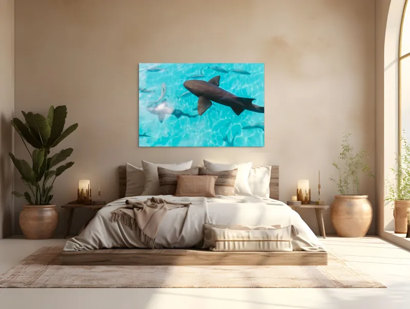 Tablou Canvas, "Rechini înotând în oceanul albastru", Rechini, Pești, Apă, Lumină, Azur, Reflexii, Mișcare, Ocean., 150 x 100 cm – poza 4