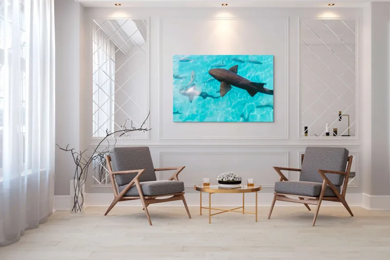 Tablou Canvas, "Rechini înotând în oceanul albastru", Rechini, Pești, Apă, Lumină, Azur, Reflexii, Mișcare, Ocean., 150 x 100 cm – poza 7