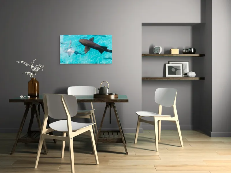 Tablou Canvas, "Rechini înotând în oceanul albastru", Rechini, Pești, Apă, Lumină, Azur, Reflexii, Mișcare, Ocean., 90 x 50 cm – poza 3