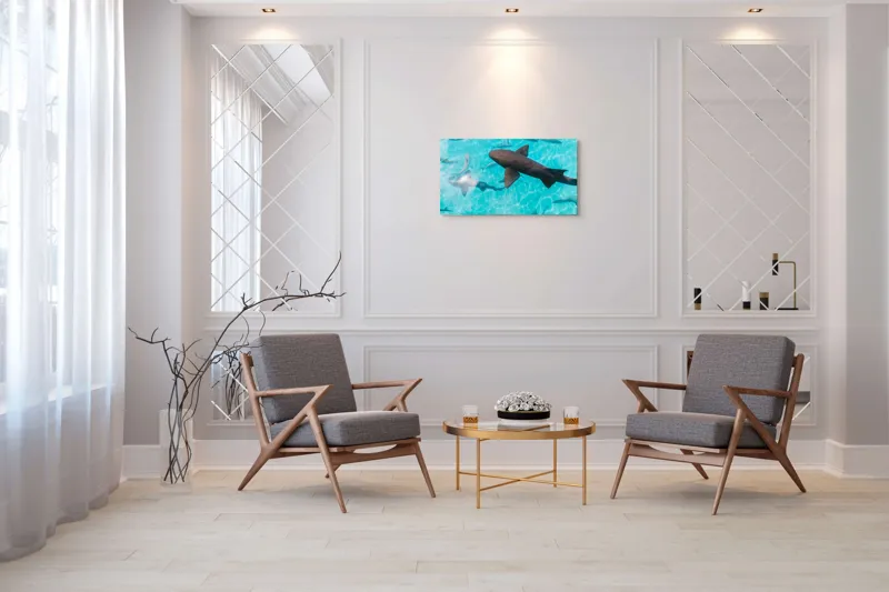 Tablou Canvas, "Rechini înotând în oceanul albastru", Rechini, Pești, Apă, Lumină, Azur, Reflexii, Mișcare, Ocean., 90 x 50 cm – poza 7