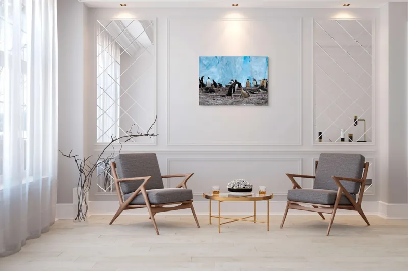 Tablou Canvas, "Pinguinii și îmbrățișările ghetarilor antarctici", Pinguini, Gheață, Comunitate, Pui, Natură, Peisaj, Antarctica, Interacțiune, Familie, Aripioare, Stânci, Creștere, 100 x 70 cm – poza 5