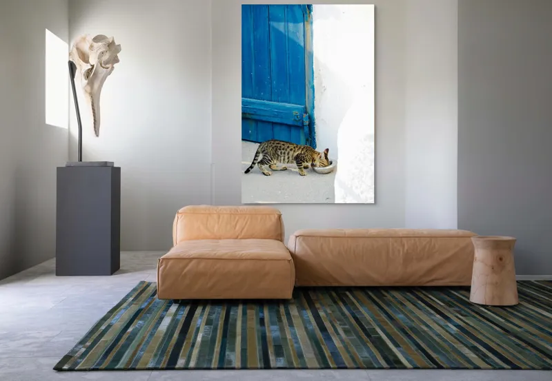 Tablou Canvas, "Pisică savurând micul dejun lângă ușă.", Pisică, Ușă, Albastră, Perete, Alb, Bol, Mâncare, Umbră, Lumină, Podea, Textură, Miau., 100 x 150 cm – poza 7