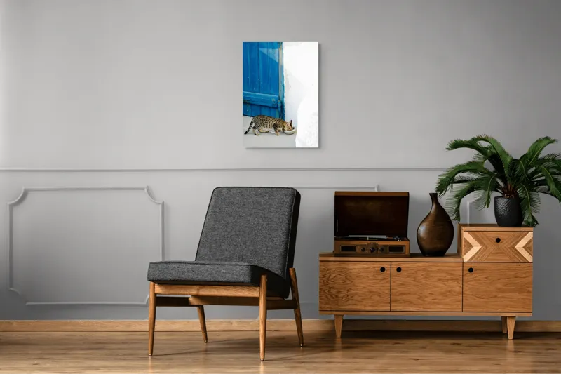 Tablou Canvas, "Pisică savurând micul dejun lângă ușă.", Pisică, Ușă, Albastră, Perete, Alb, Bol, Mâncare, Umbră, Lumină, Podea, Textură, Miau., 50 x 70 cm – poza 8