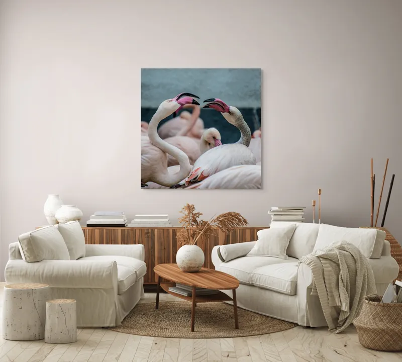 Tablou Canvas, "Flamingo în mijlocul conversației roz", Flamingo, Grație, Eleganță, Roz, Armonie, Natură, Dans, Serenitate, Frumusețe, 100 x 100 cm – poza 3