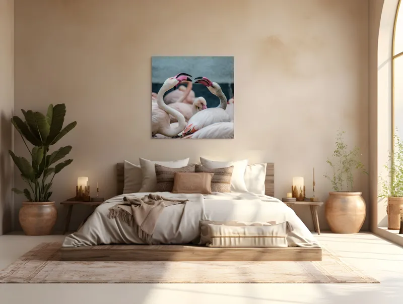 Tablou Canvas, "Flamingo în mijlocul conversației roz", Flamingo, Grație, Eleganță, Roz, Armonie, Natură, Dans, Serenitate, Frumusețe, 100 x 100 cm – poza 4