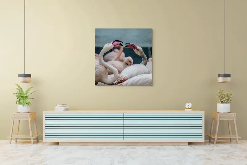 Tablou Canvas, "Flamingo în mijlocul conversației roz", Flamingo, Grație, Eleganță, Roz, Armonie, Natură, Dans, Serenitate, Frumusețe, 100 x 100 cm – poza 5