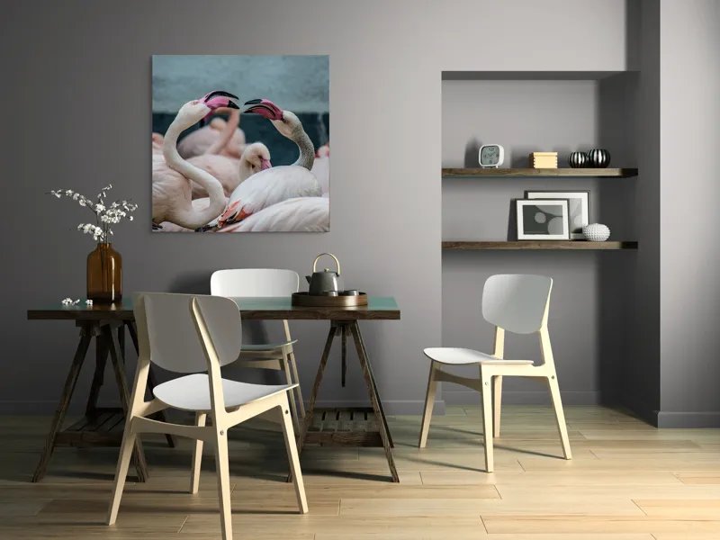 Tablou Canvas, "Flamingo în mijlocul conversației roz", Flamingo, Grație, Eleganță, Roz, Armonie, Natură, Dans, Serenitate, Frumusețe, 100 x 100 cm – poza 6