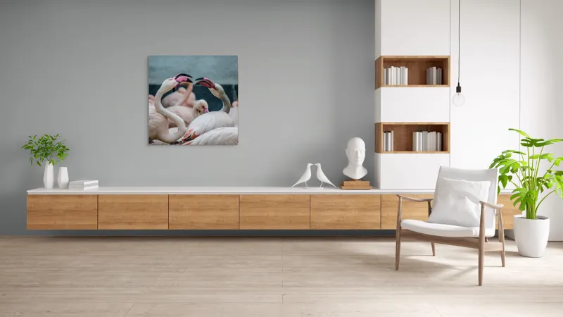 Tablou Canvas, "Flamingo în mijlocul conversației roz", Flamingo, Grație, Eleganță, Roz, Armonie, Natură, Dans, Serenitate, Frumusețe, 100 x 100 cm – poza 8