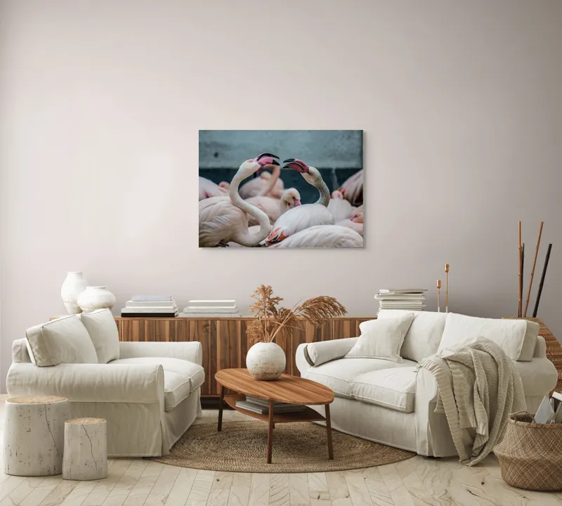 Tablou Canvas, "Flamingo în mijlocul conversației roz", Flamingo, Grație, Eleganță, Roz, Armonie, Natură, Dans, Serenitate, Frumusețe, 100 x 70 cm – poza 3