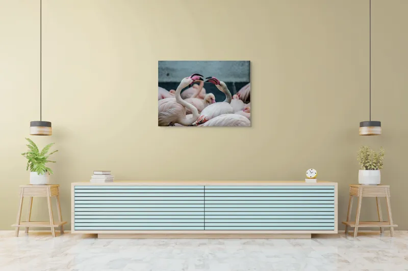 Tablou Canvas, "Flamingo în mijlocul conversației roz", Flamingo, Grație, Eleganță, Roz, Armonie, Natură, Dans, Serenitate, Frumusețe, 100 x 70 cm – poza 4