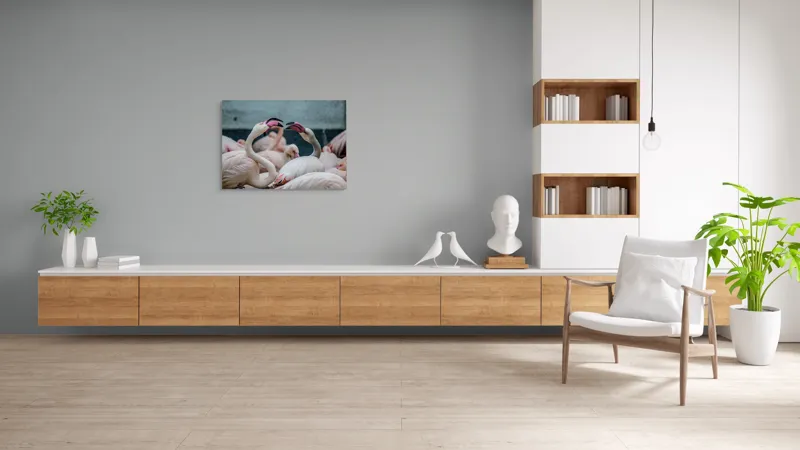 Tablou Canvas, "Flamingo în mijlocul conversației roz", Flamingo, Grație, Eleganță, Roz, Armonie, Natură, Dans, Serenitate, Frumusețe, 100 x 70 cm – poza 6