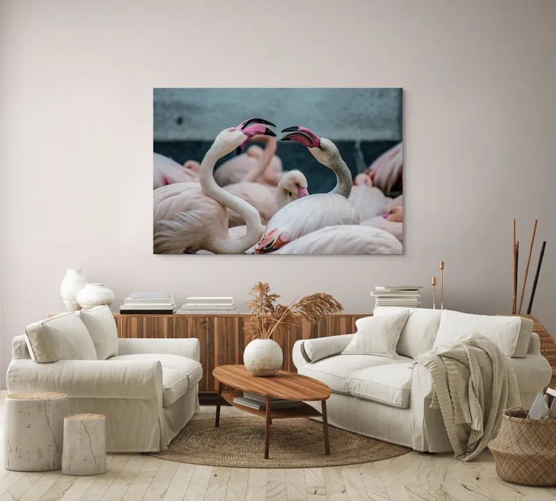 Tablou Canvas, "Flamingo în mijlocul conversației roz", Flamingo, Grație, Eleganță, Roz, Armonie, Natură, Dans, Serenitate, Frumusețe, 150 x 100 cm – poza 3