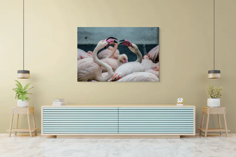 Tablou Canvas, "Flamingo în mijlocul conversației roz", Flamingo, Grație, Eleganță, Roz, Armonie, Natură, Dans, Serenitate, Frumusețe, 150 x 100 cm – poza 6