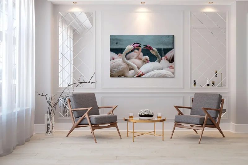 Tablou Canvas, "Flamingo în mijlocul conversației roz", Flamingo, Grație, Eleganță, Roz, Armonie, Natură, Dans, Serenitate, Frumusețe, 150 x 100 cm – poza 7