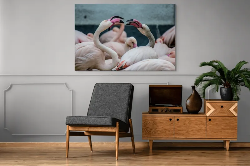 Tablou Canvas, "Flamingo în mijlocul conversației roz", Flamingo, Grație, Eleganță, Roz, Armonie, Natură, Dans, Serenitate, Frumusețe, 150 x 100 cm – poza 8